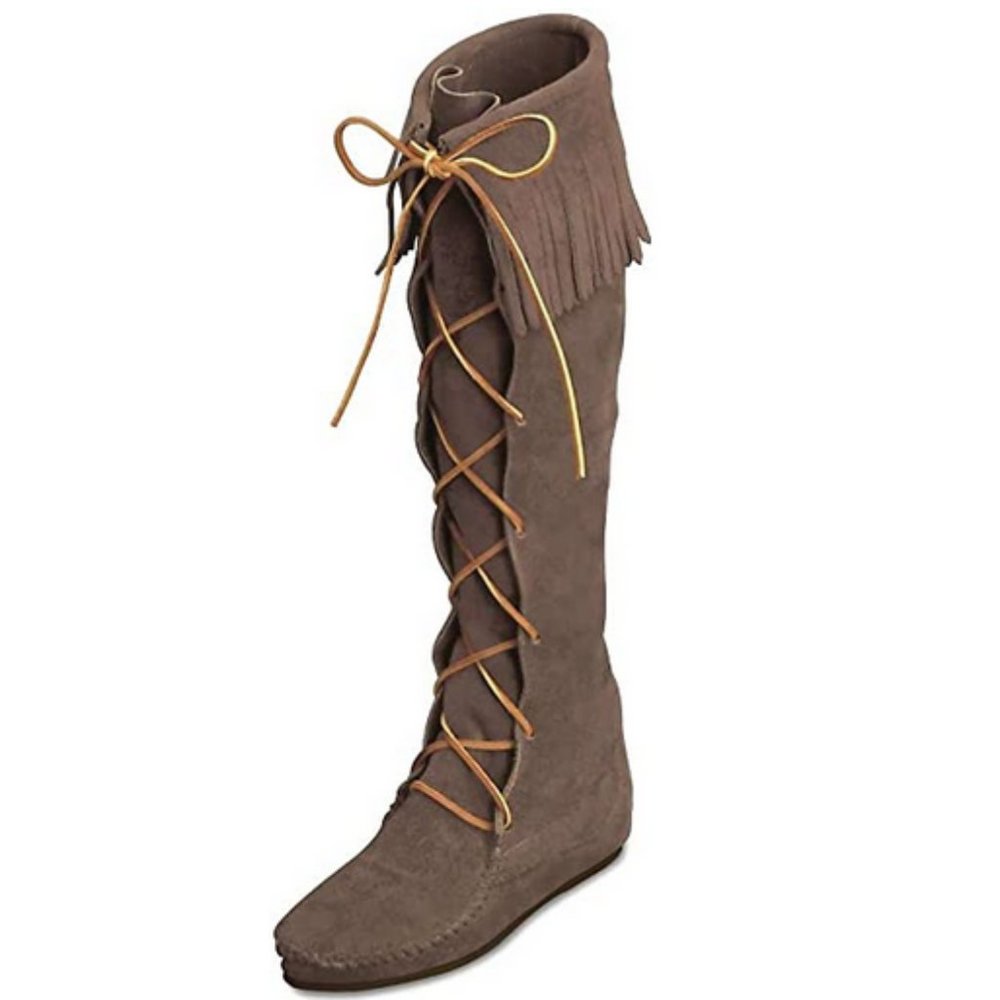 Minnetonka Brown Suede Leather Fringe Knee High Moccasin Boots Sz 6 Style 1028